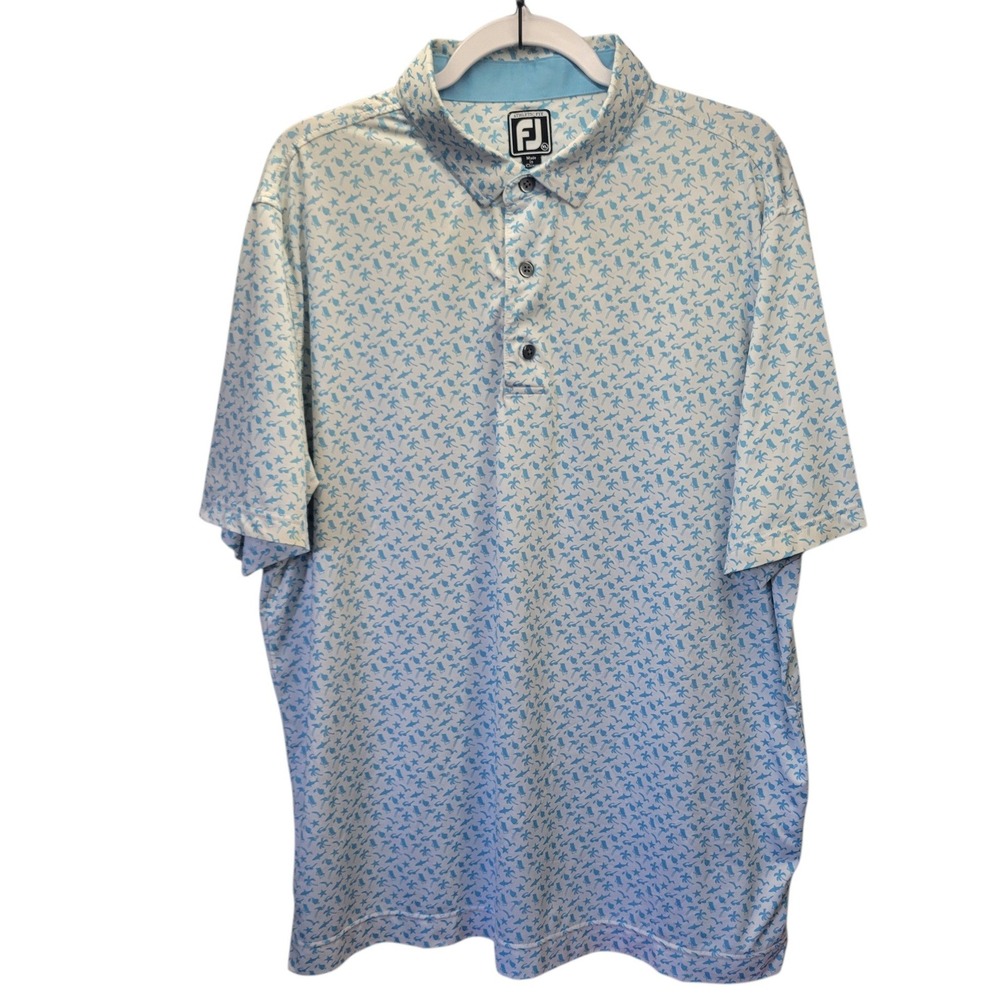 FootJoy Athletic Fit Golf Polo Shirt XL Blue White Tropical Flamingo Print E661